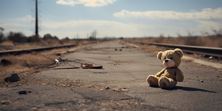 AI Generated. AI Generative. Lonely broken lost bear animal toy game on the road. Sad vibe background. Graphic Art