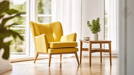 A retro, yellow armchair and a wooden table in a beautiful, sunny living room interior with herringbone floor and white walls