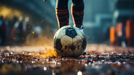 Soccer ball at the stadium. Generative Ai