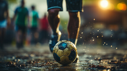 Soccer ball at the stadium. Generative Ai