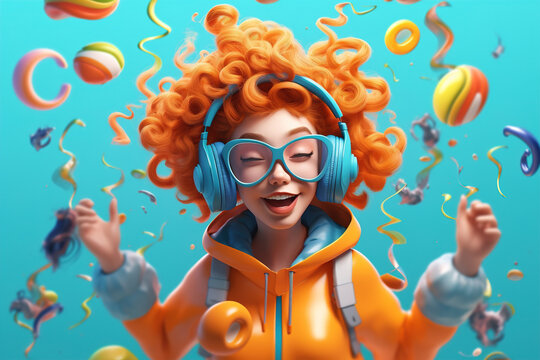 Cheerful red-haired teen girl listening to music in headphones flying, jumping in the air on a dynamic colorful background. Musical inspiration