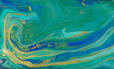 Fototapeta na wymiar Golden and Green Wave Veins on Blue Marble Background.