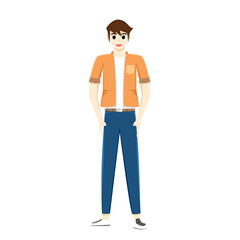 Fototapeta premium A tall, white male teenager standing with a happy smiling expression on a white background. man with brown hair wear a jacket and trousers. Vector illustration cartoon style for lifestyle, good day