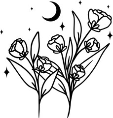 Minimalistic line art illustration of flowers with moon and star