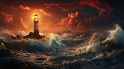 Beautiful lighthouse in a dramatic storm. Generative Ai
