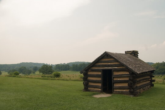 Log Cabin at Valley Forge, Field, Hills, Sky in Summer