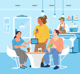 Cafe interior Group of people man and woman Dinning and Working in modern Coffehouse. Barista and customer in coffee shop Coworking