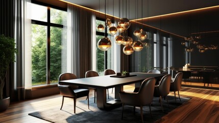 Fototapeta na wymiar A stylish dining room with contemporary furniture and lighting. AI generated
