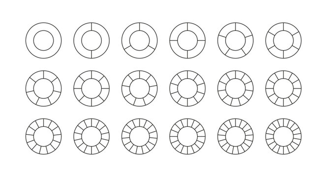 Outline round structure template with elements. Circle chart. Pie diagram divided into pieces. Circular section graph. Set schemes with sectors. Piechart with segments and slices. Vector illustration