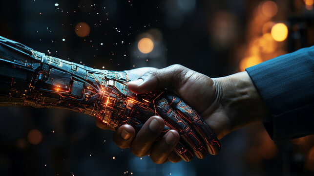 Digital robot handshake human hand. Generative Ai