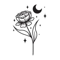 Minimalistic line art illustration of flowers with moon and star, vector art