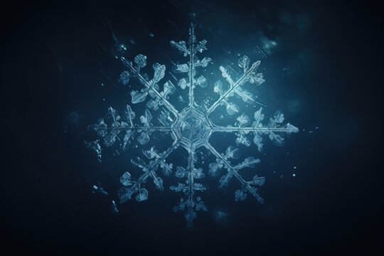 Surreal Shot Of A Delicate Snowflake Suspended In Mid-air, Isolate Dark Blue Background. Generative AI