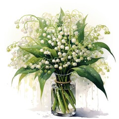 Obraz premium big bouquet of lilies of the valley in glass vase isolated on white, AI Generated