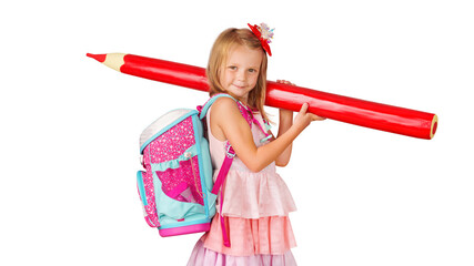  Little happy child with a red pen, ready to learn on first school day. Isolated on free PNG Background