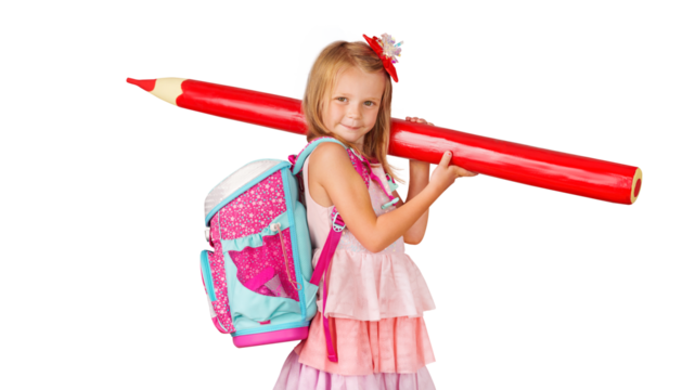 Little happy child with a red pen, ready to learn on first school day. Isolated on free PNG Background - Powered by Adobe