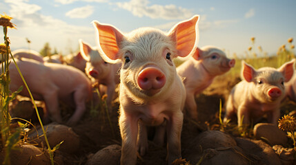 Group of pigs in farm. Generative Ai