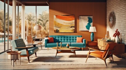 A room showcasing mid-century modern furniture and decor. AI generated