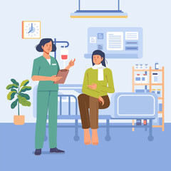 Hospital room. Patient in bed hospital ward, nurse provide medical care, intensive therapy, healthcare flat vector concept