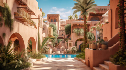 Luxury resort hotel in north Africa oasis - arabian medina style - Generative Art - obrazy, fototapety, plakaty