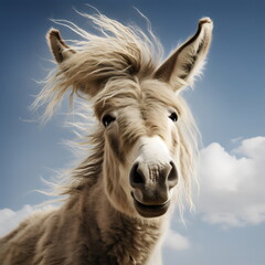 majestic scruffy donkey with wind in mane and blue sky