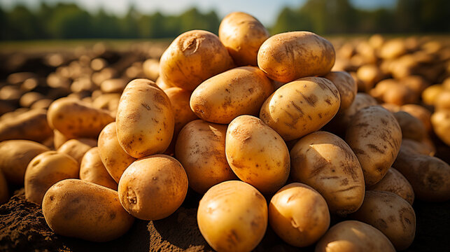 Pile of ripe potatoes on ground in field. Generative Ai