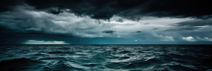 Stormy ocean weather. Dark clouds above the sea. Generative AI