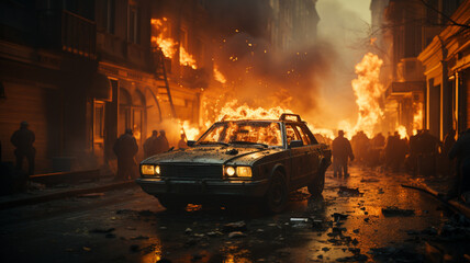 Revolutionary riots and protests. burning building and cars in the city. Generative Ai