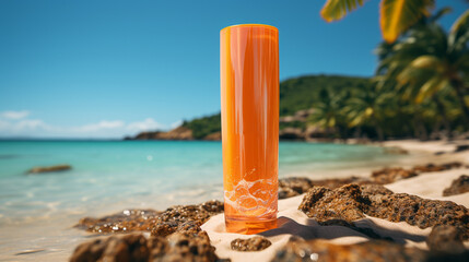 Sun cream bottle mockup on the beach. Generative Ai
