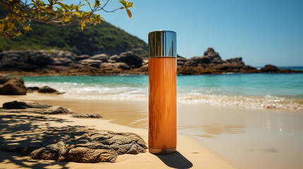 Sun cream bottle mockup on the beach. Generative Ai