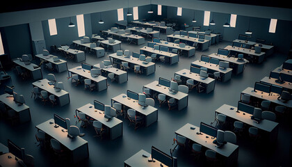 A room with a lot of desks and chairs, conference room with chairs and tables, Ai generated image
