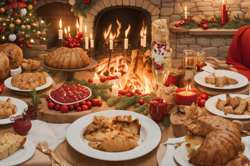 Christmas Feast Extravaganza, Lavish Dinner Setting, Twinkling Fairy Lights, Seasonal Indulgence