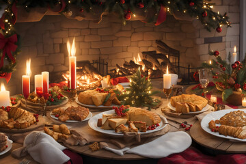 Fototapeta premium Enchanting Christmas Celebration, Abundant Dinner Feast, Twinkling Fairy Lights, Seasonal Delicacies
