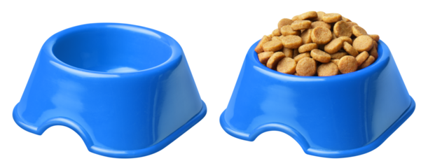 Pet food, empty and full blue pet bowl, cut out