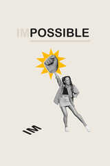 Vertical collage image of black white effect girl huge fist punch hit impossible is nothing isolated on creative background