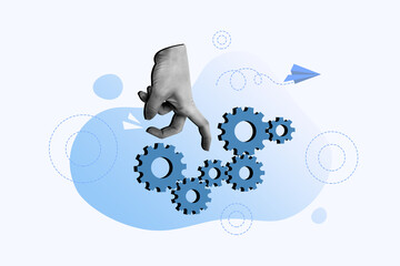Collage portrait of black white effect human arm fingers walk run cogwheel gear mechanism flying...