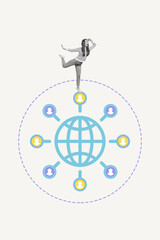 Vertical collage picture of astonished black white colors girl look far away stand painted global user internet connection