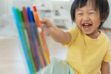 Happy Asia children playing learning paint on paper. Activity, development, IQ, EQ, meditation,...