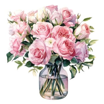 big bunch of roses in glass vase isolated on white, AI Generated