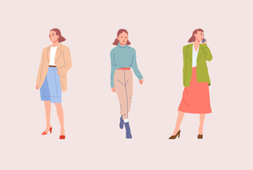Obraz premium Fashionable cool young modern woman girls in trendy clothes outfit. Casual stylish city street style Flat colorful cartoon vector illustration