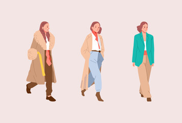 Fototapeta premium Fashionable cool young modern girls women in trendy clothes outfit. Casual stylish city street style Flat colorful cartoon vector illustration