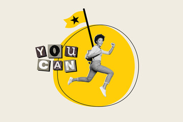 Collage portrait of excited black white effect girl carry rucksack target flag jump run you can...