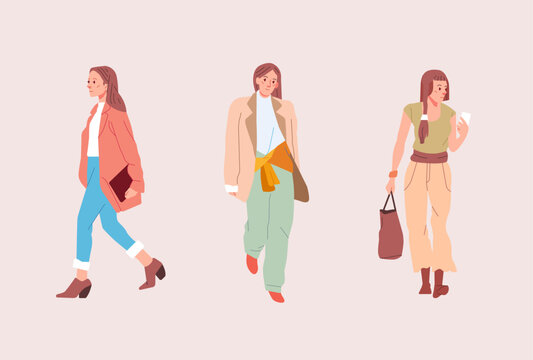 Fashionable cool young modern girls in trendy clothes outfit. Casual stylish city street style Flat colorful cartoon vector illustration