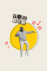Vertical collage image of positive black white effect guy enjoy listen music headphones dancing painted notes you can text