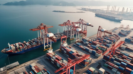 Aerial view of Yantian port in Shenzhen city, Generative AI - obrazy, fototapety, plakaty