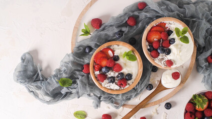 Yogurt with Chia seeds and fresh Strawberries, Raspberries, and Blueberries