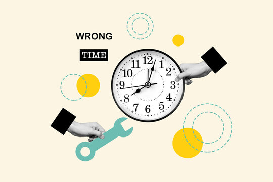 Creative composite template photo collage of hands holding wrench repairing clock showing wrong time isolated on painted background