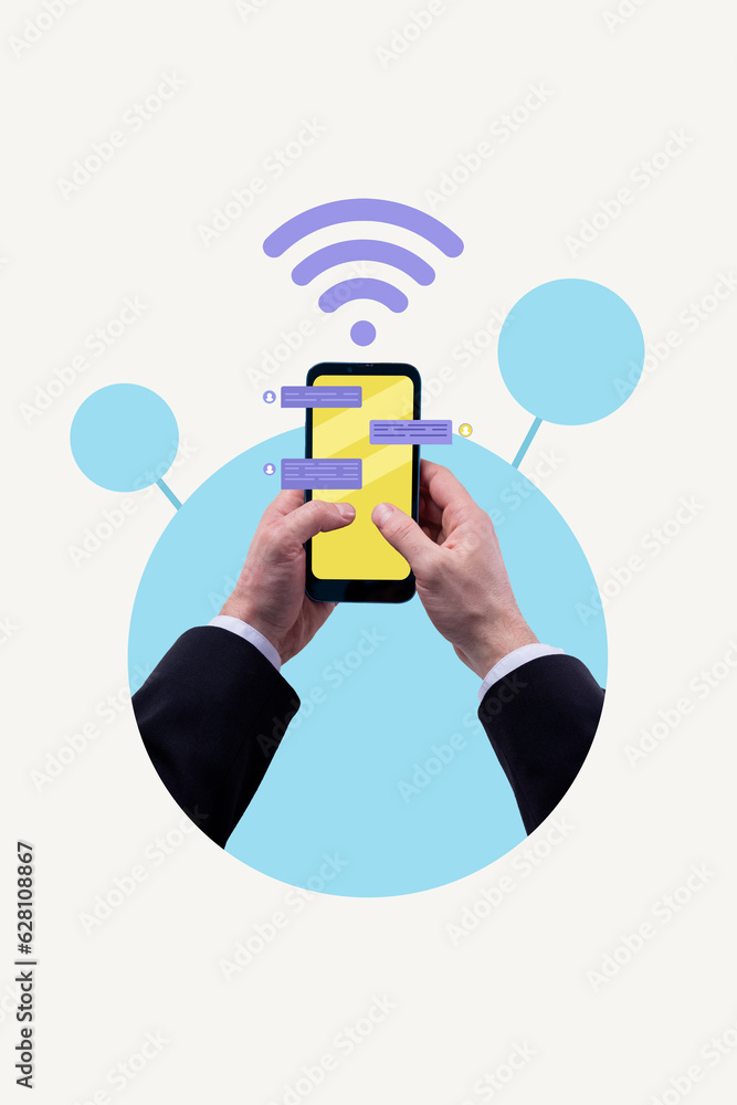 Poster vertical collage image of arms hold smart phone typing display dialogue bubble chats wifi signal con