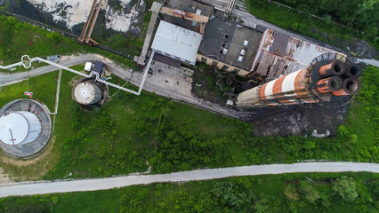 Aerial view of big factory chimney along