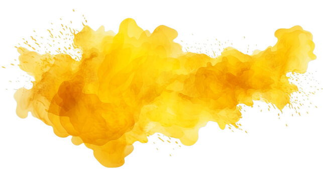 Abstract yellow color painting illustration - watercolor splashes or stain, isolated on transparent background PNG (Generative Ai).
