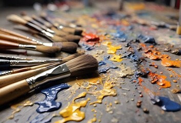 Fototapeta premium Paint brushes, artist's table at work, Generative Ai